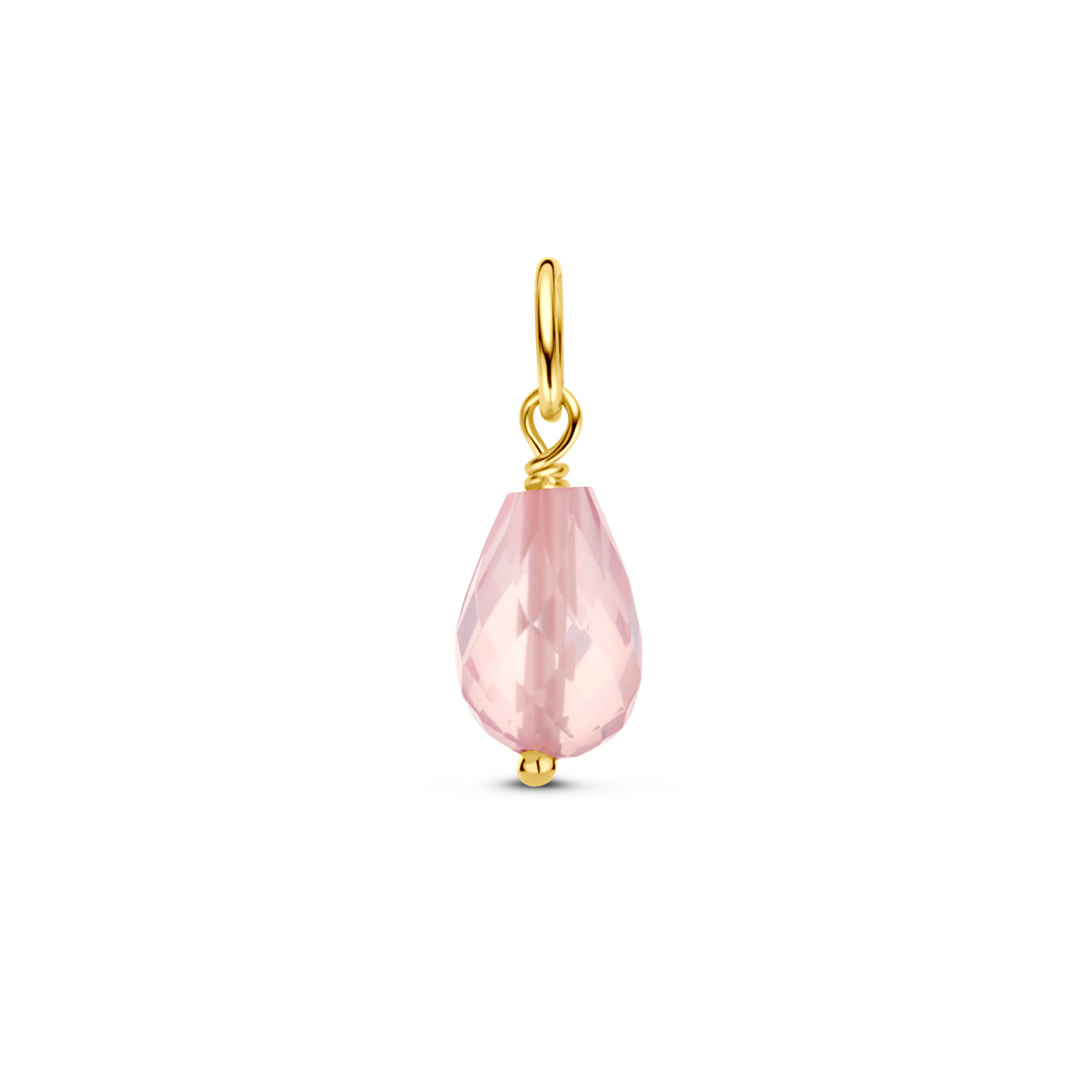 Vooraanzicht van de gouden hanger met rozenkwarts van 14 karaat.