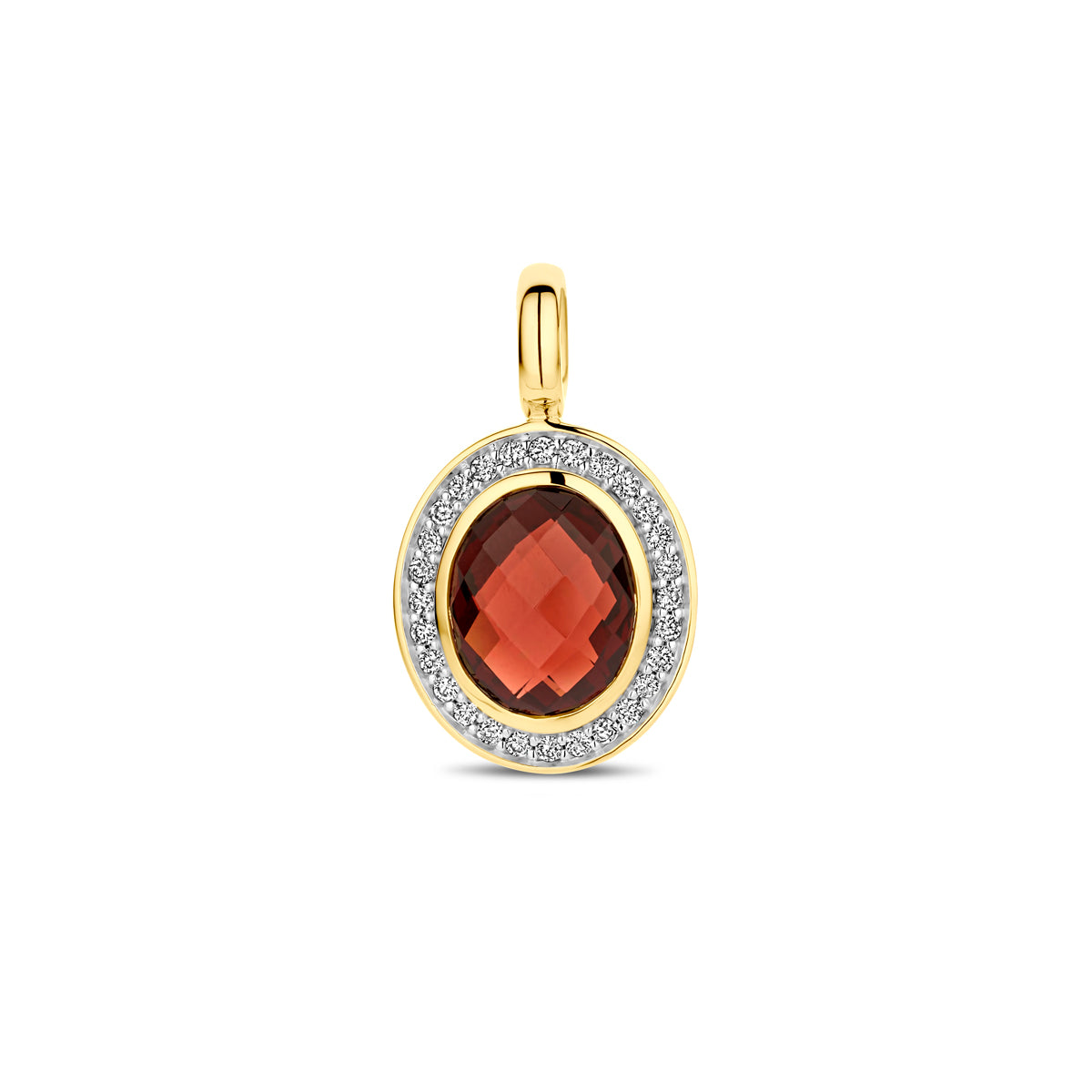 Vooraanzicht van de gouden hanger met granaat en diamant van 14 karaat.