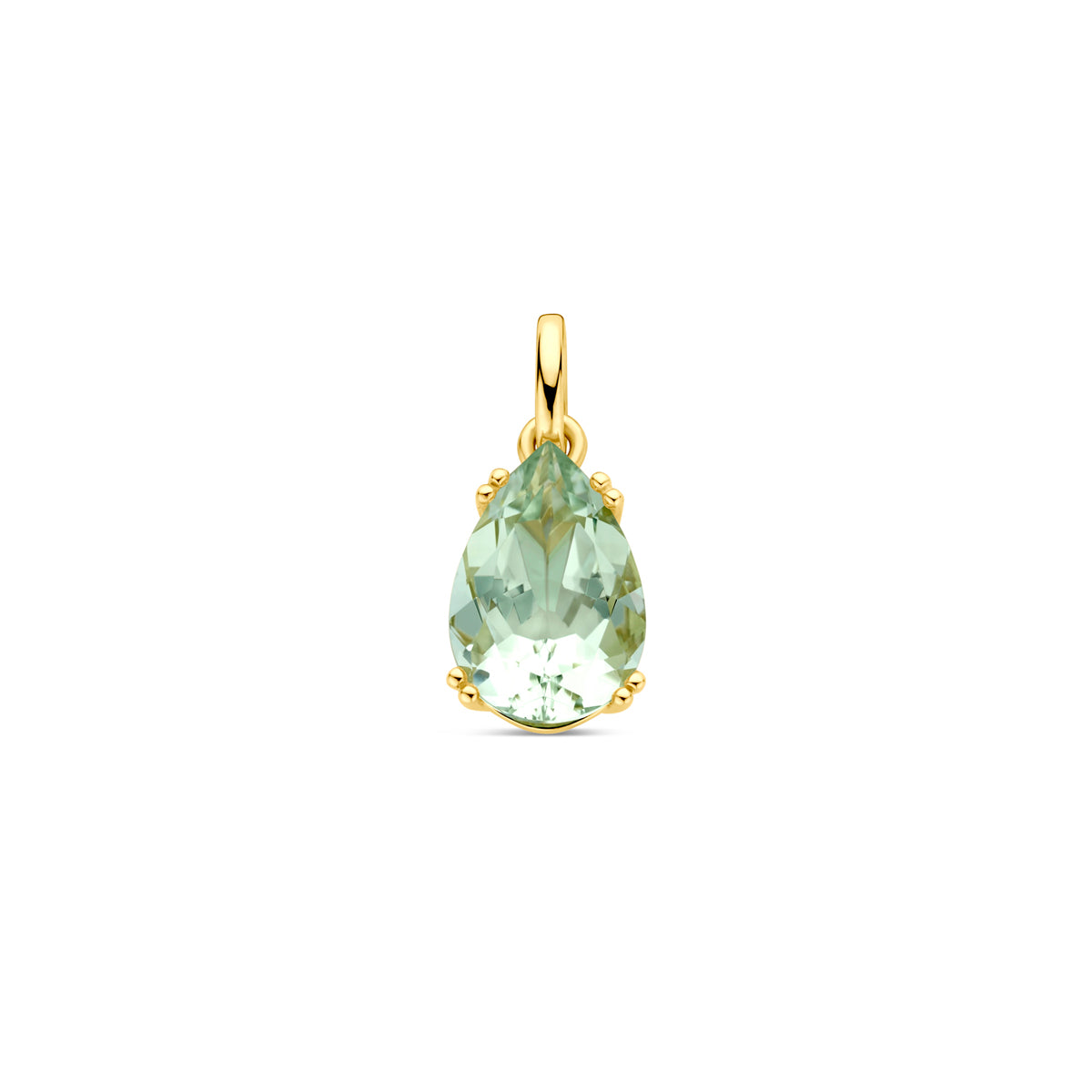 Vooraanzicht van de gouden hanger met groene amethist van 14 karaat.
