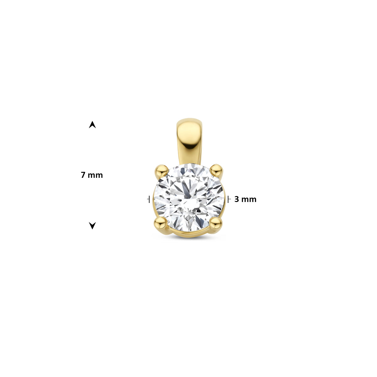 Afmetingen van de gouden hanger met lab grown diamant van 14 karaat: 7 mm hoog inclusief oog, steen van 3 mm, 0,10 ct.