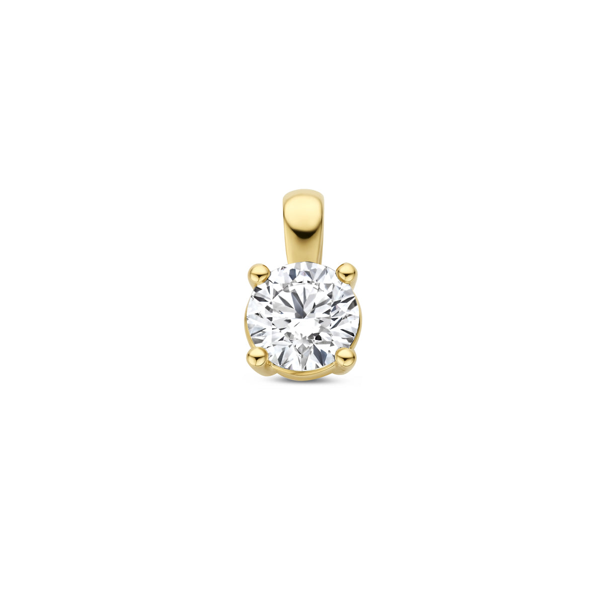 Vooraanzicht van de gouden hanger met lab grown diamant van 14 karaat.