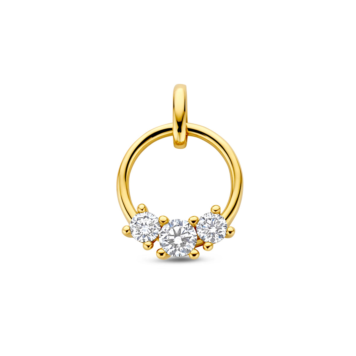 Vooraanzicht van de gouden hanger met lab grown diamant van 14 karaat.