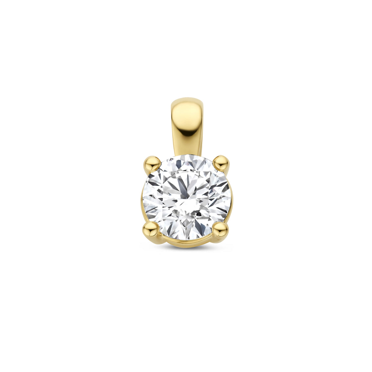 Vooraanzicht van de gouden hanger met lab grown diamant van 14 karaat.
