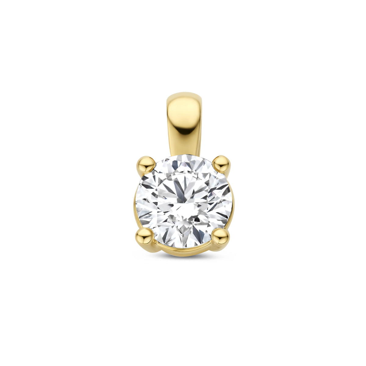 Vooraanzicht van de gouden hanger met lab grown diamant van 14 karaat.