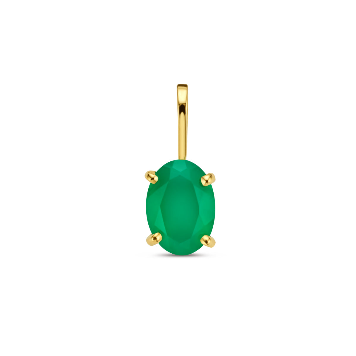 Vooraanzicht van de gouden hanger met groene agaat van 14 karaat.