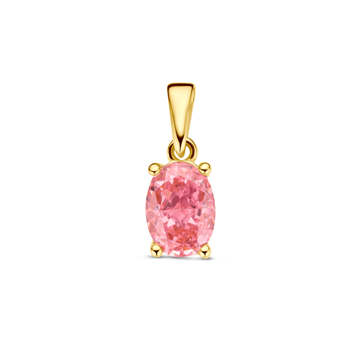 Vooraanzicht van de gouden hanger met roze zirkonia van 14 karaat.