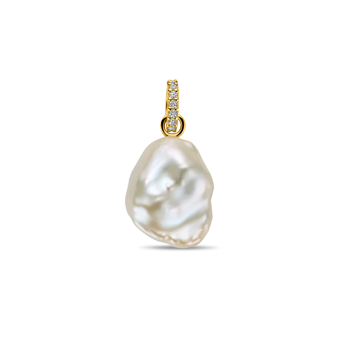 Vooraanzicht van de gouden hanger met parel en diamant van 14 karaat.