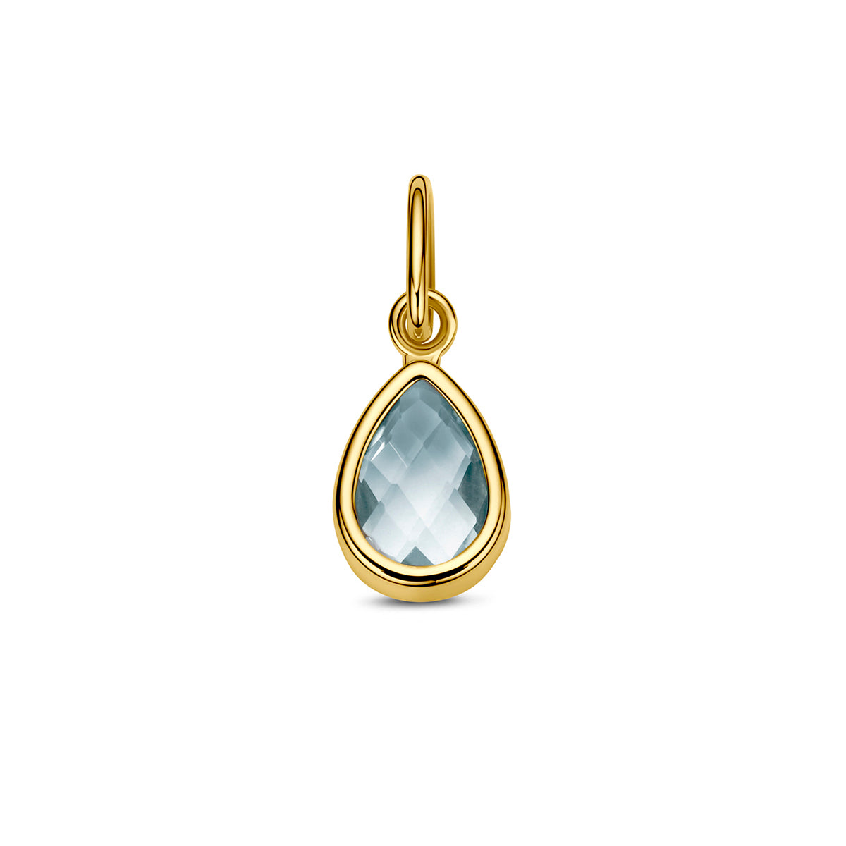 Vooraanzicht van de gouden hanger met blauwe topaas van 14 karaat.