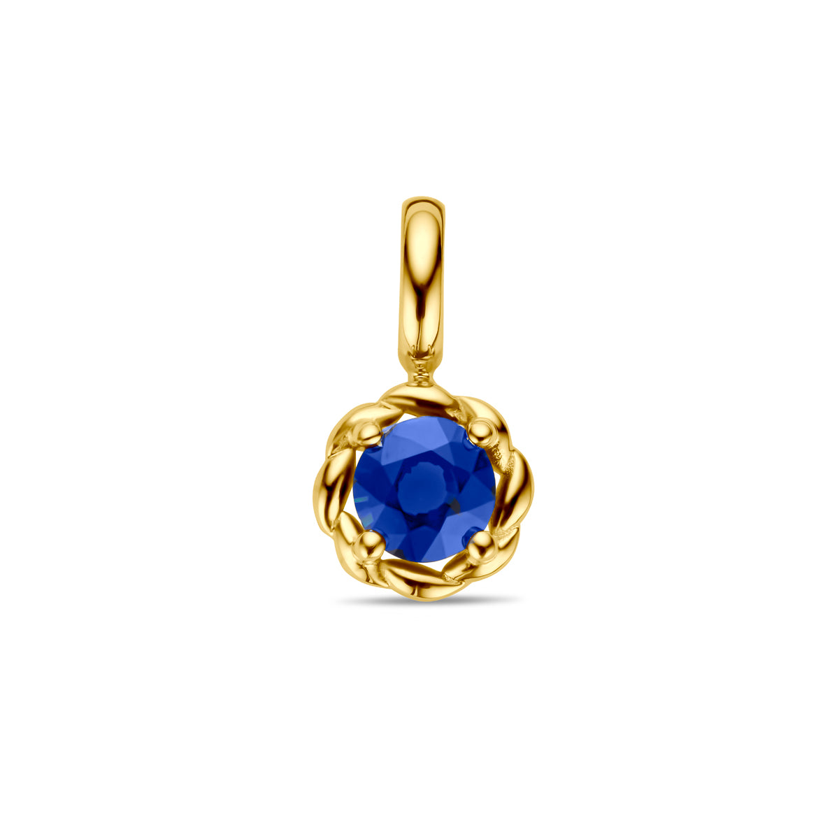 Vooraanzicht van de gouden hanger met saffier van 14 karaat.