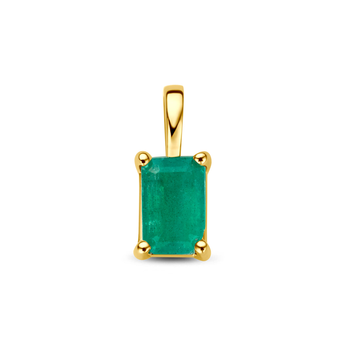 Vooraanzicht van de gouden hanger met smaragd van 14 karaat.