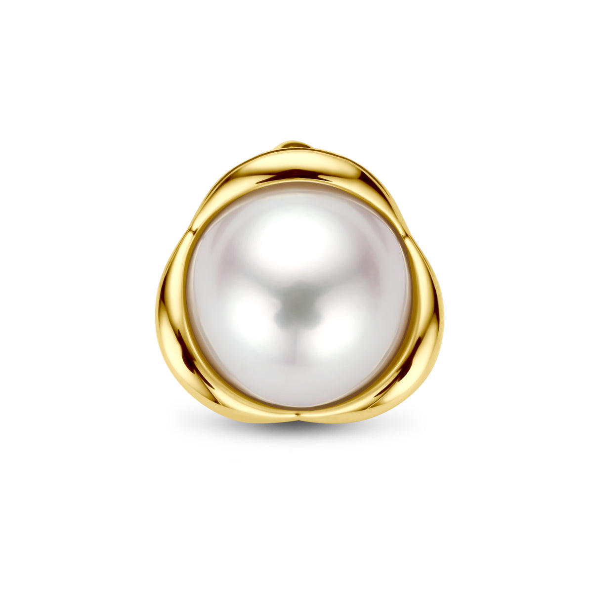 Vooraanzicht van de gouden hanger met witte parel van 14 karaat.