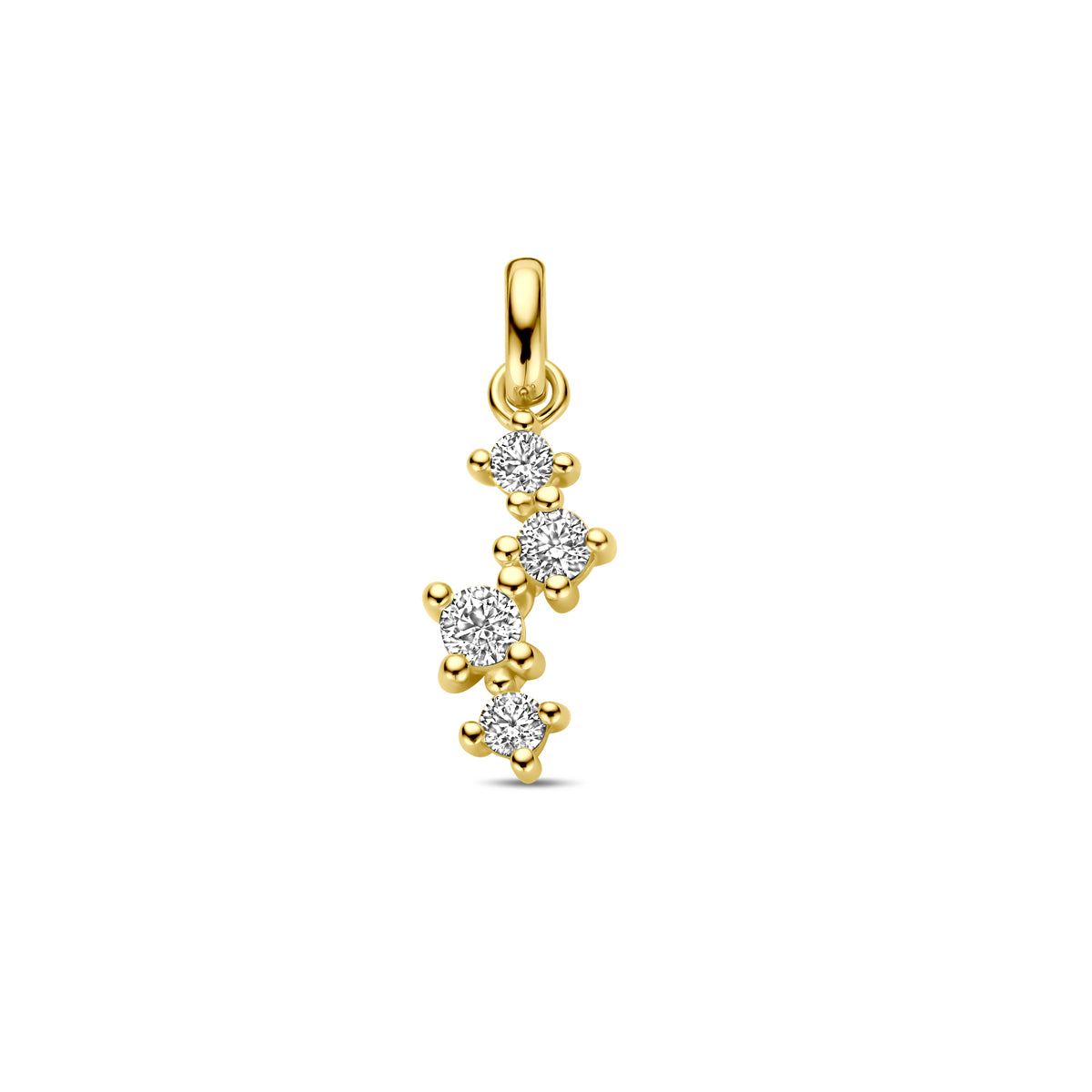 Vooraanzicht van de gouden hanger met zirkonia van 14 karaat.