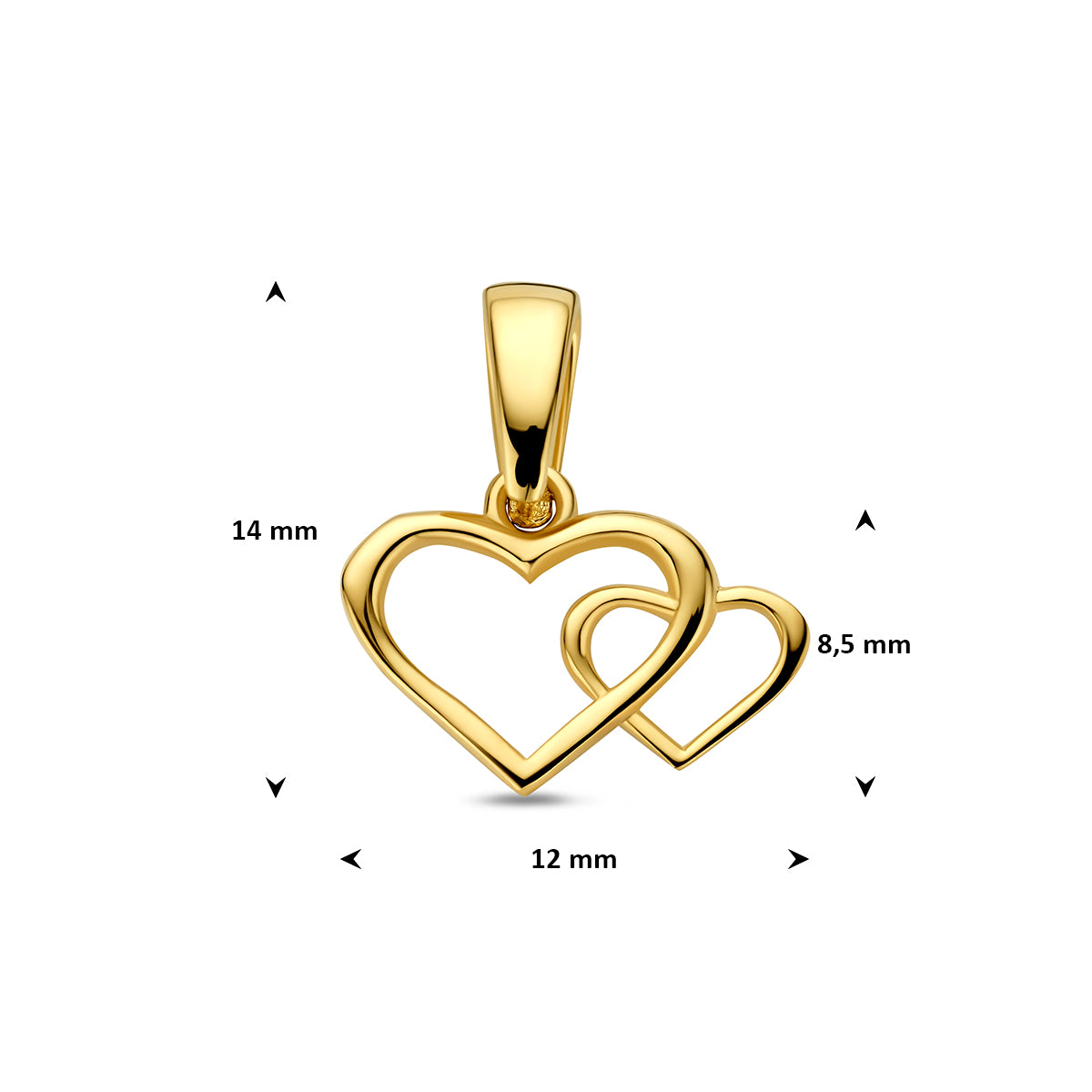 Afmetingen van de gouden hanger met twee hartjes van 14 karaat: 14 mm hoog inclusief oog, 8,5 mm zonder oog en 12 mm breed.