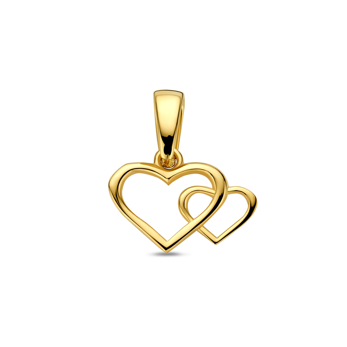 Vooraanzicht van de gouden hanger met twee hartjes van 14 karaat.
