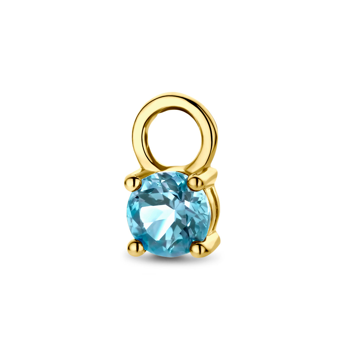 Vooraanzicht van de gouden hanger voor oorringen met blauwe topaas van 14 karaat.