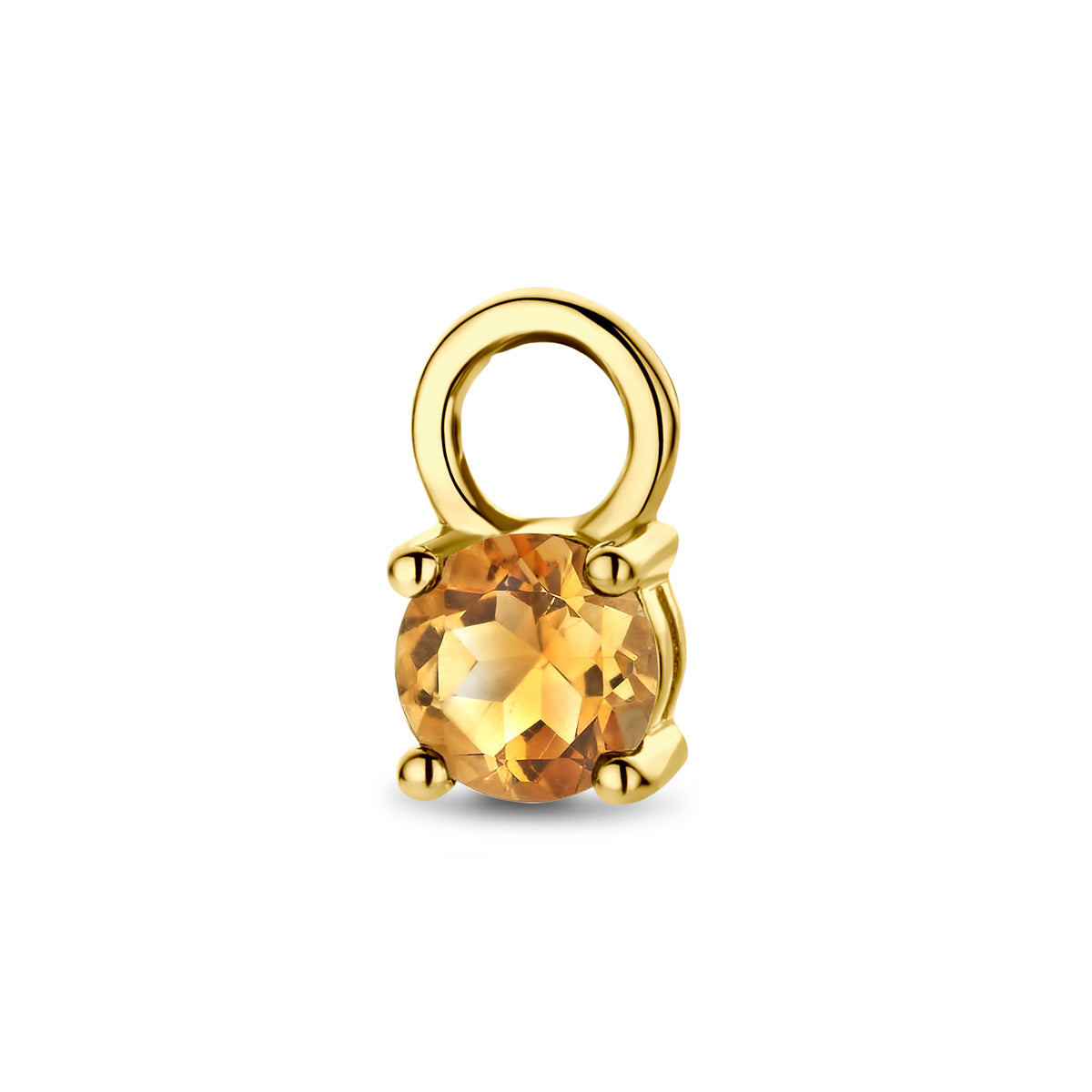 Vooraanzicht van de gouden hanger voor oorringen met citrien van 14 karaat.