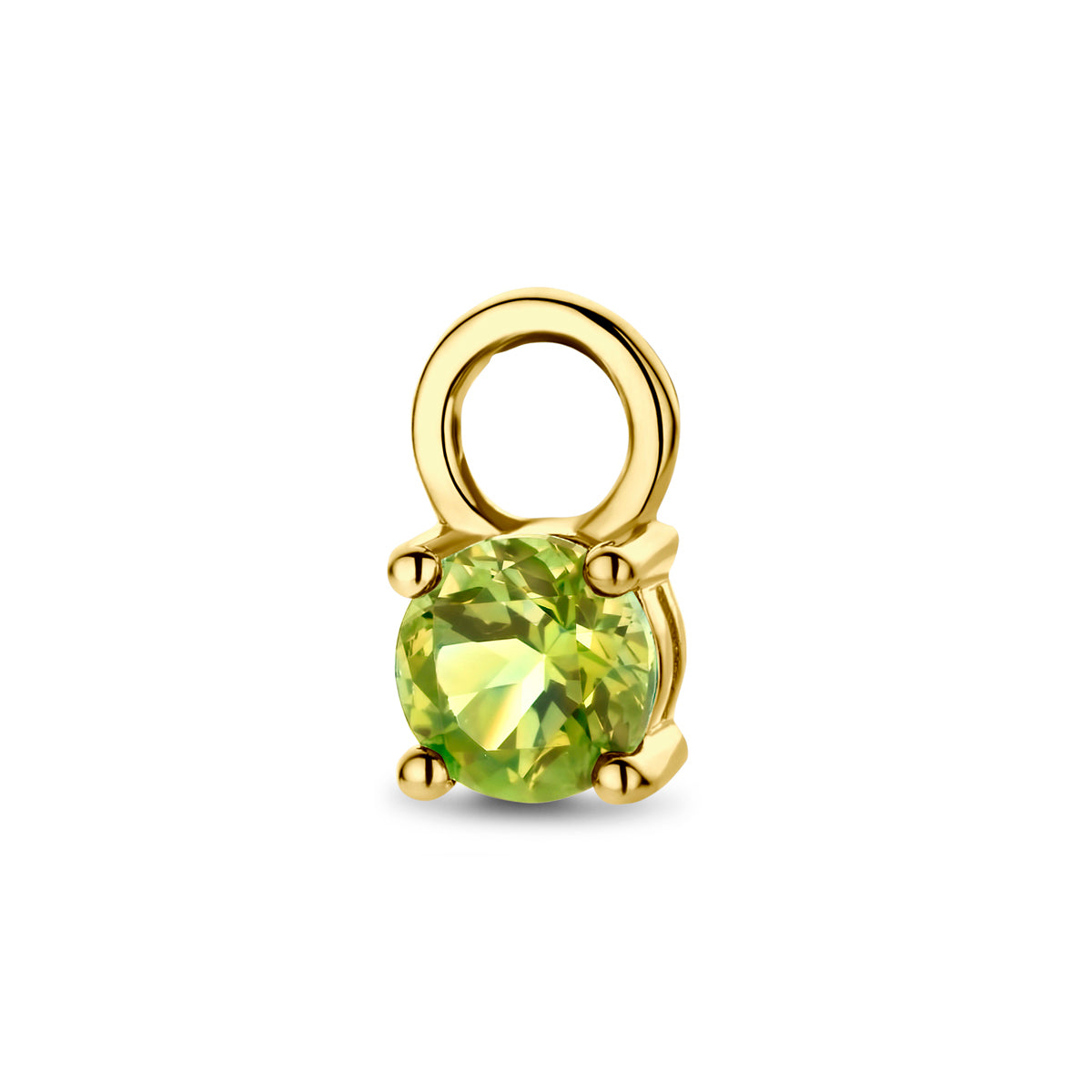 Vooraanzicht van de gouden hanger voor oorringen met peridoot van 14 karaat.