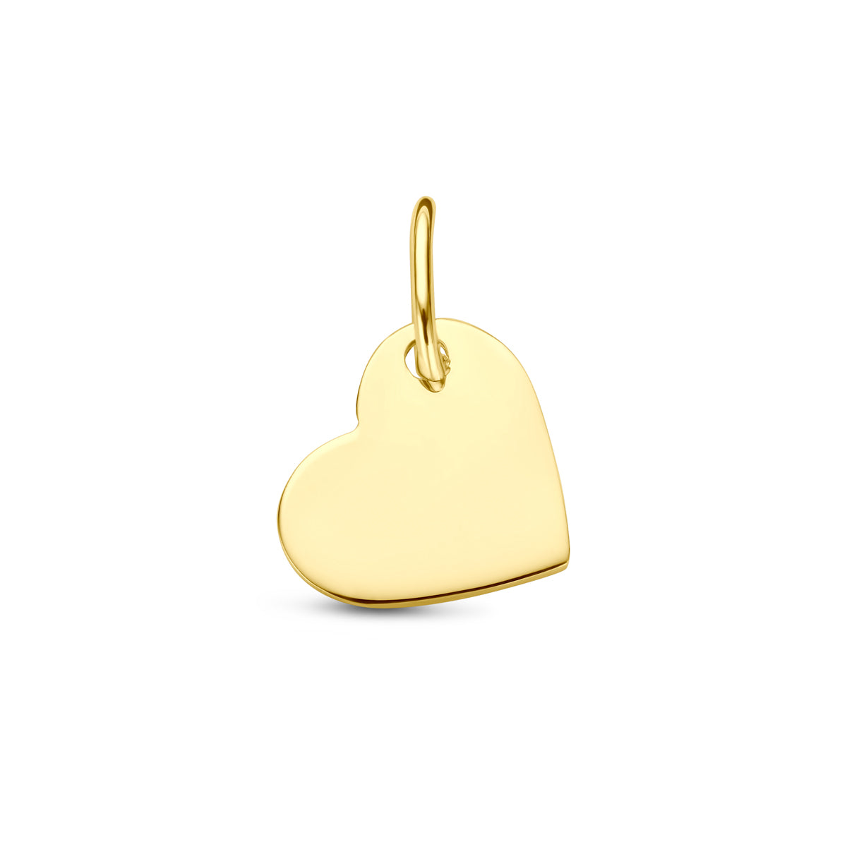 Vooraanzicht van de gouden hart graveerhanger van 14 karaat van 8 mm.
