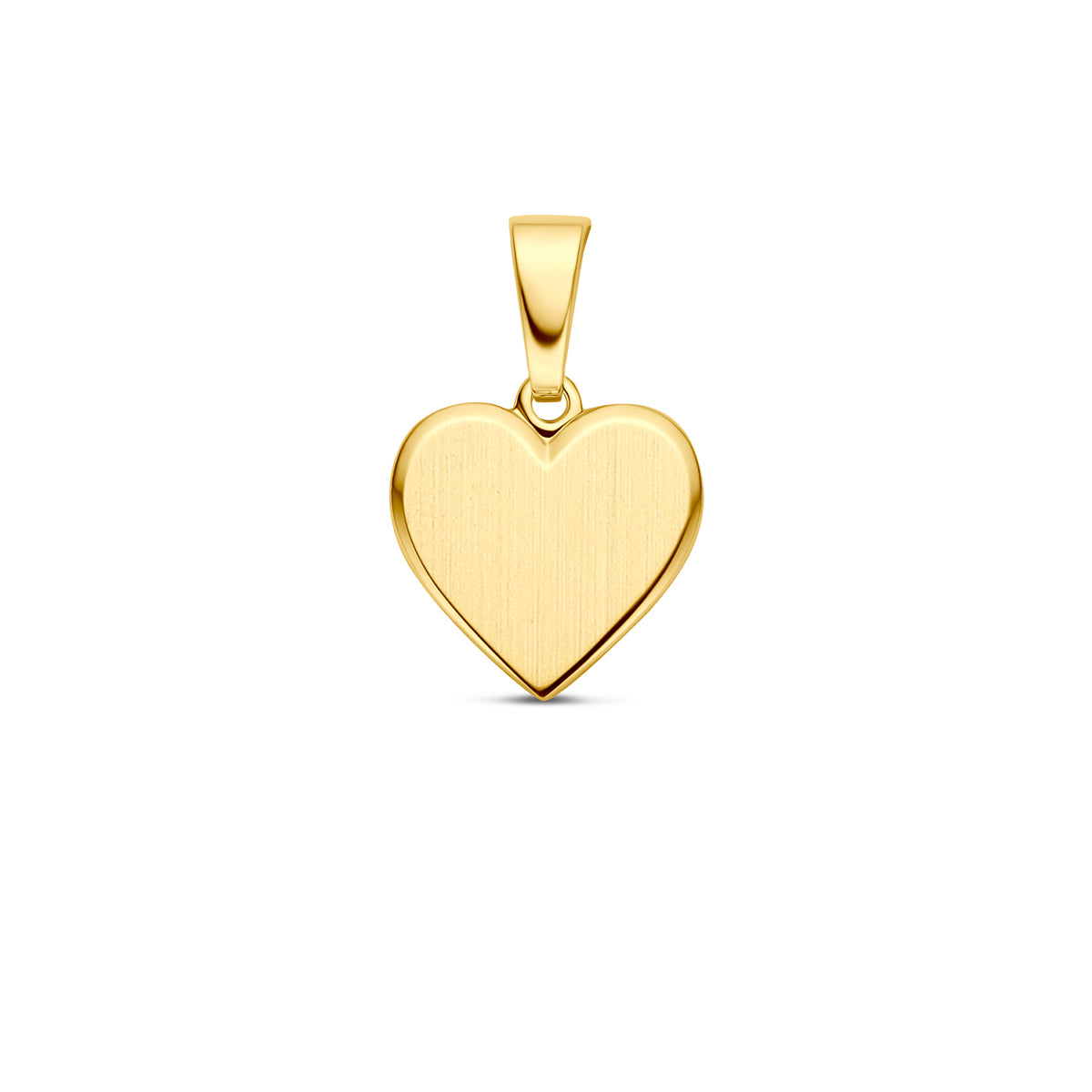 Vooraanzicht van de gouden hart graveerhanger deels mat van 14 karaat.
