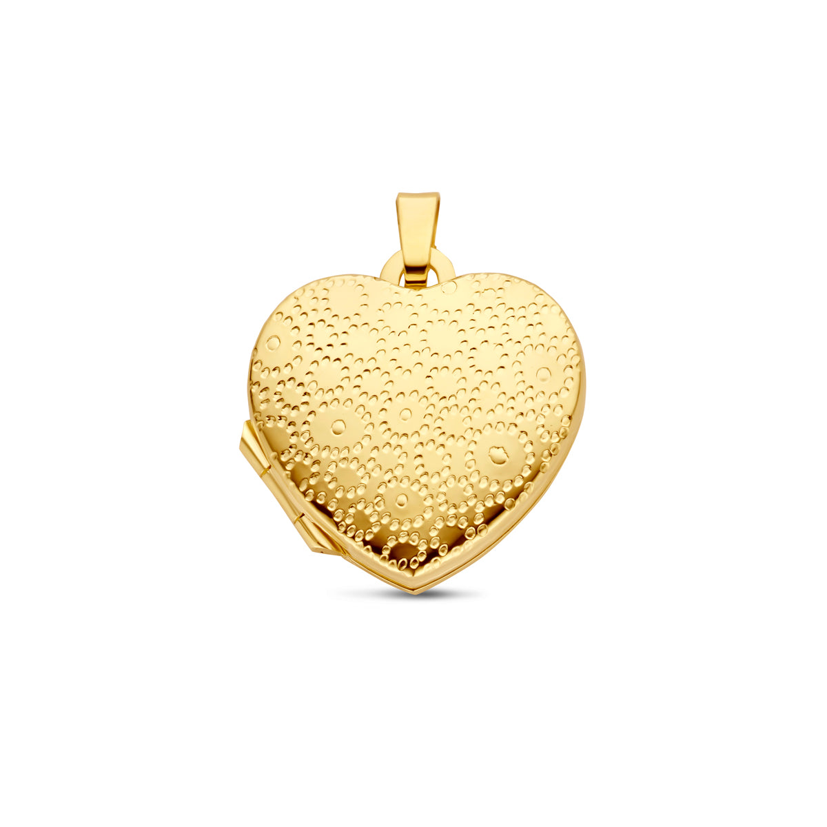 Vooraanzicht van het gouden hart medaillon met gravure van 14 karaat.