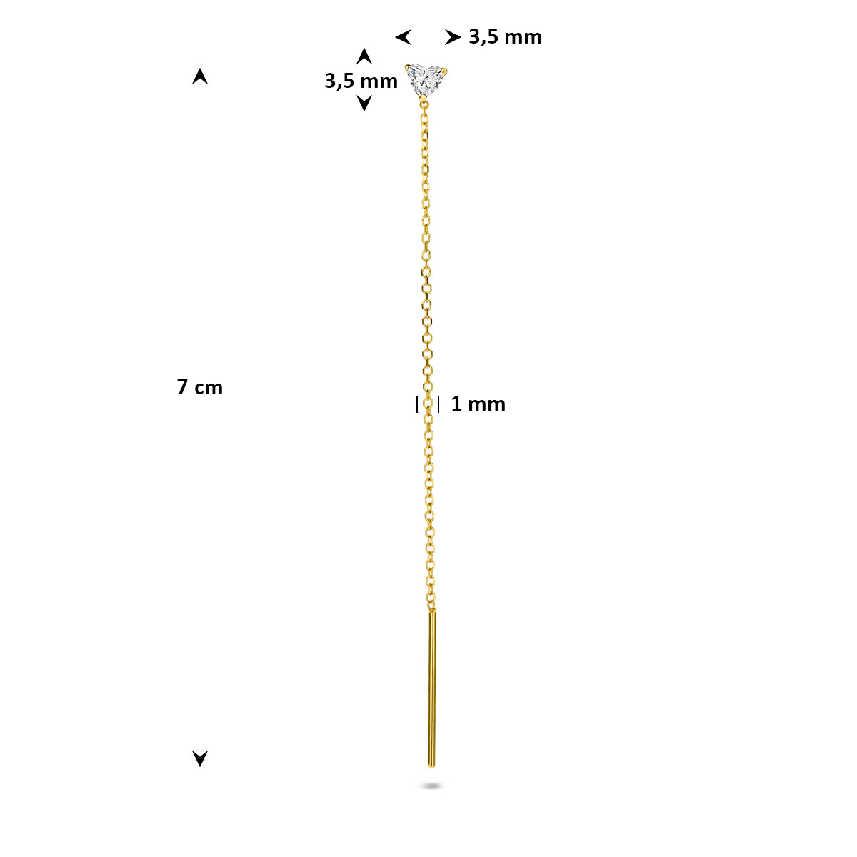 Afmetingen van de gouden hartje doortrekoorbel met lab grown diamant van 14 karaat: 70 mm lang.