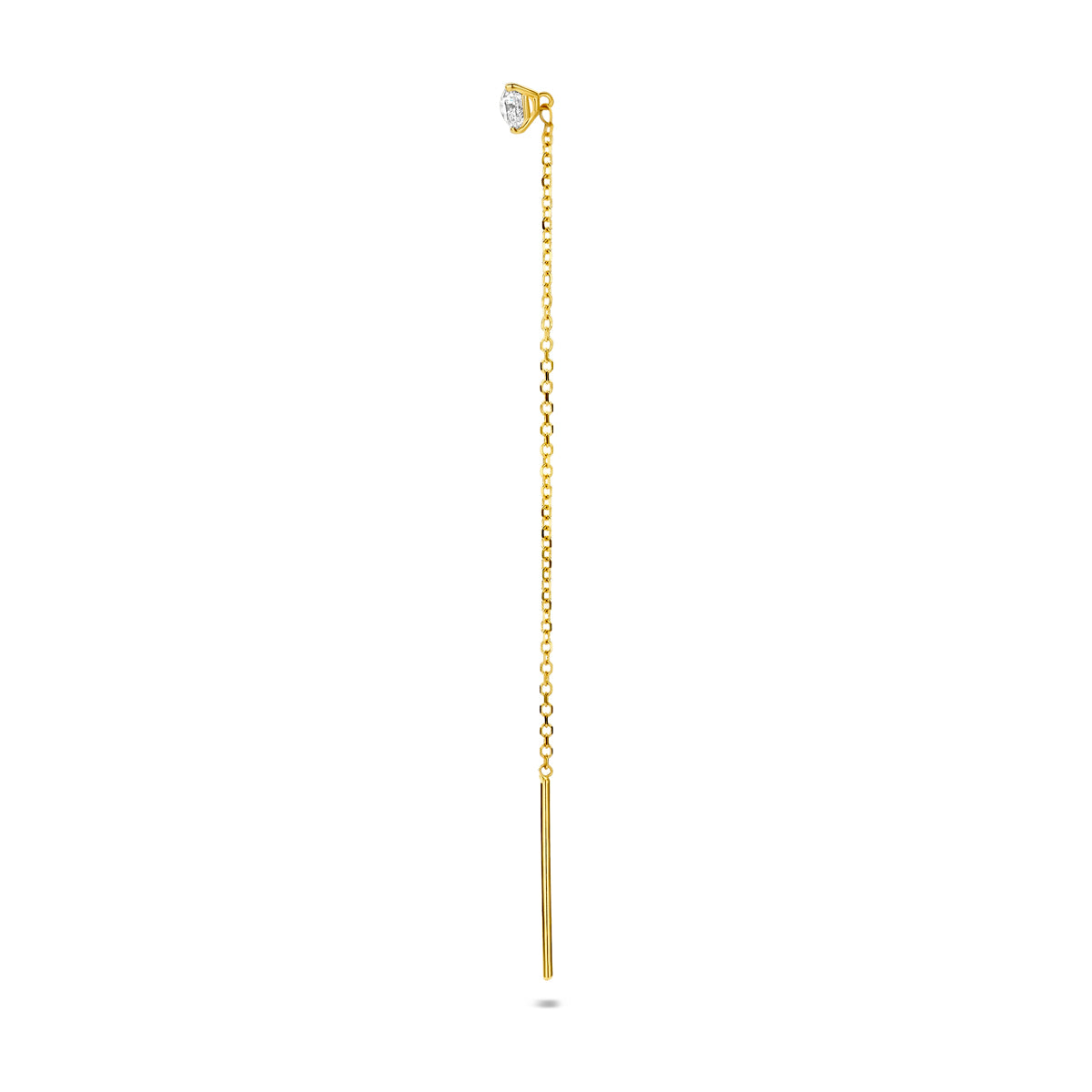 Voor- en zijaanzicht van de gouden hartje doortrekoorbel met lab grown diamant van 14 karaat.