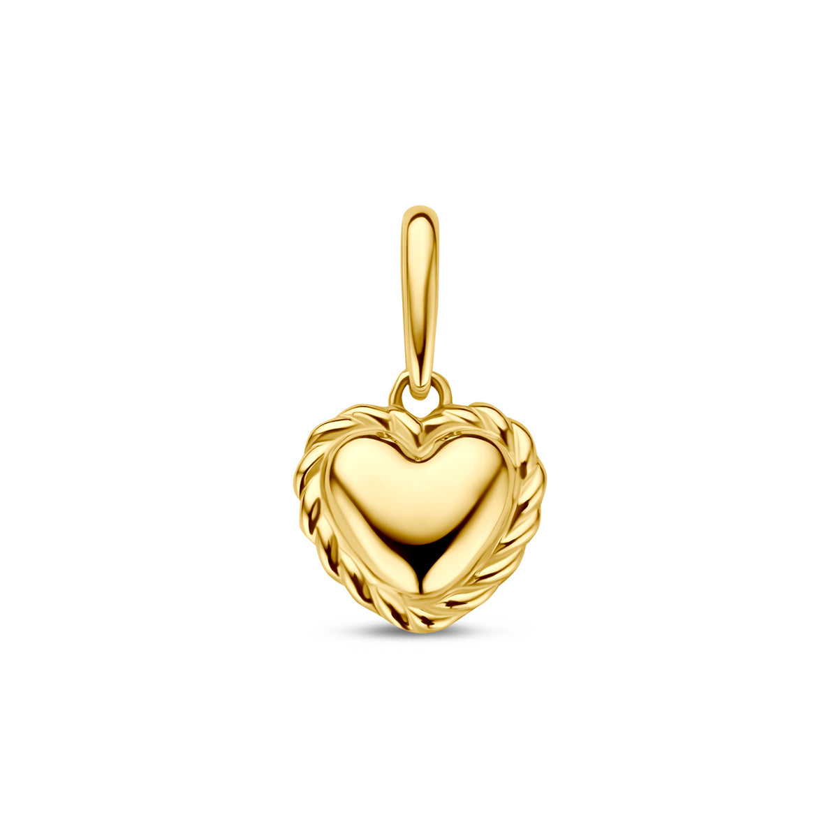 Vooraanzicht van de gouden hartje hanger van 14 karaat.