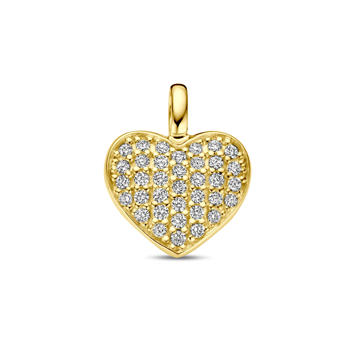 Vooraanzicht van de gouden hartje hanger met diamant van 14 karaat.