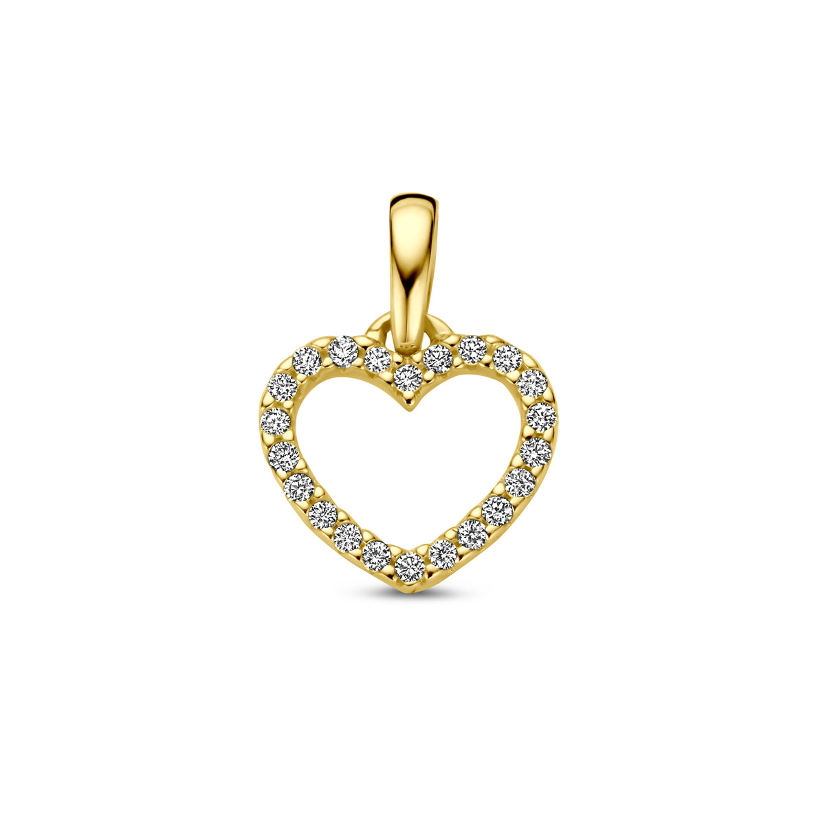 Vooraanzicht van de gouden hartje hanger met diamant van 14 karaat in de maat 9,5 mm.