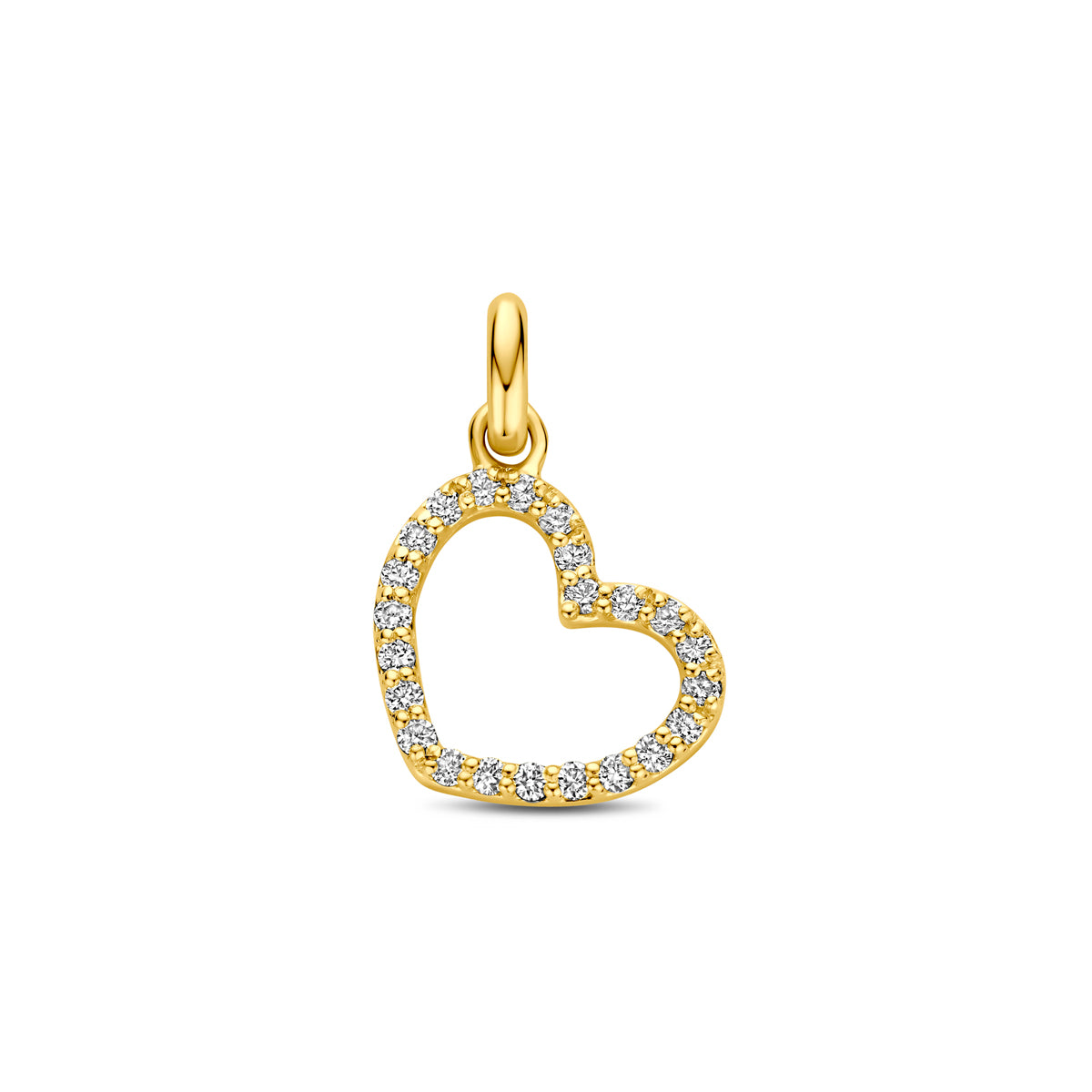 Vooraanzicht van de gouden hartje hanger met lab grown diamant van 14 karaat.
