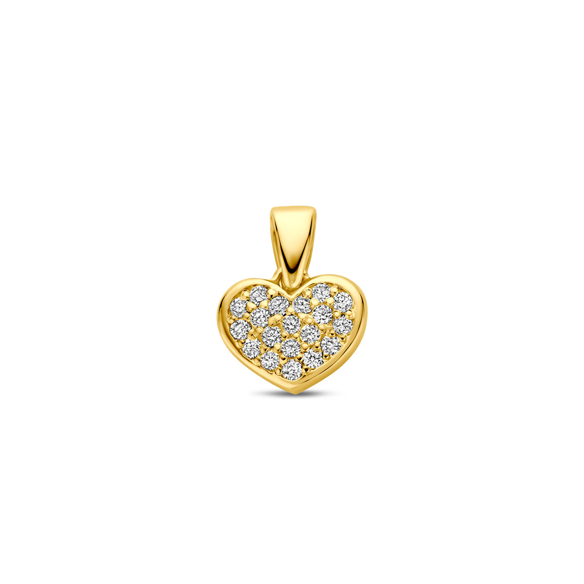 Vooraanzicht van de gouden hartje hanger met lab grown diamant van 14 karaat.