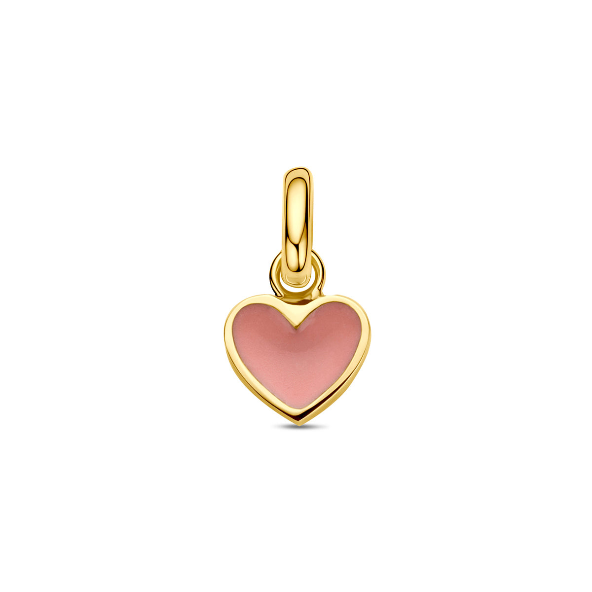 Vooraanzicht van de gouden hartje hanger met roze emaille van 14 karaat.