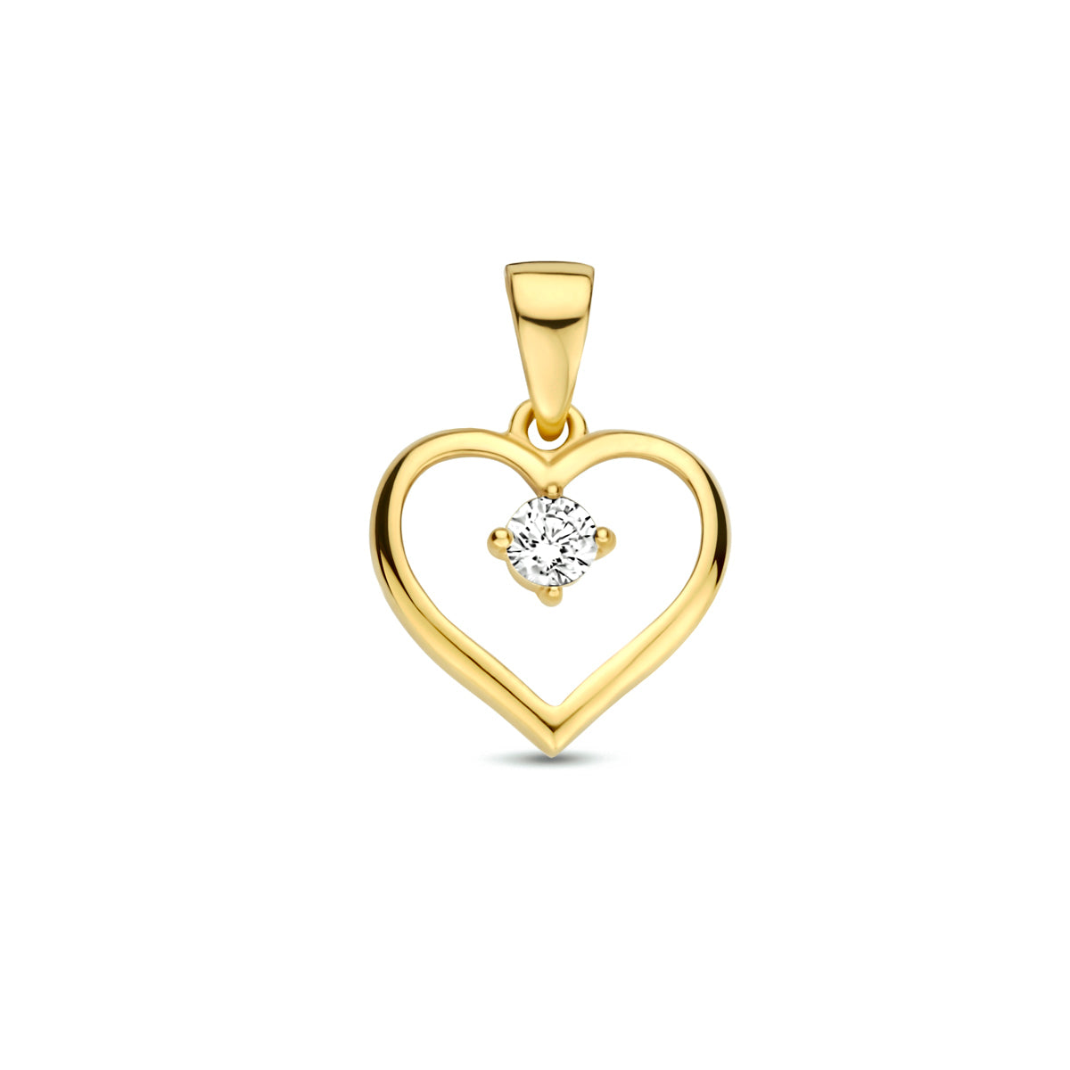 Vooraanzicht van de gouden hartje hanger met zirkonia van 14 karaat.