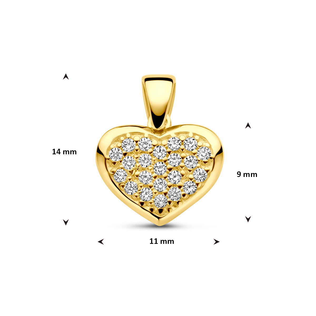 Afmetingen van de gouden hartje hanger met zirkonia van 14 karaat: 14 mm hoog inclusief oog, 9 mm zonder oog en 11 mm breed.