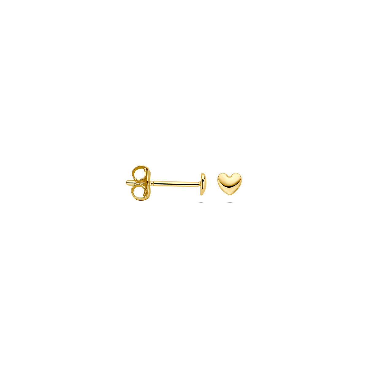 Voor- en zijaanzicht van de gouden hartje oorknopjes van 14 karaat.
