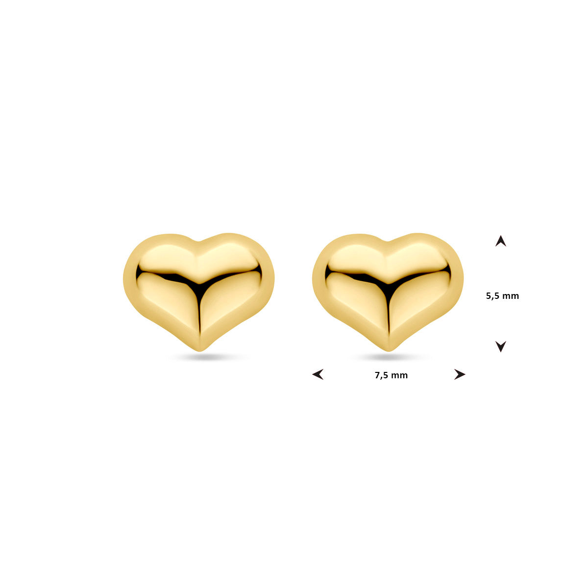 Afmetingen van de gouden hartje oorknopjes van 14 karaat: 5,5 mm hoog en 7,5 mm breed.