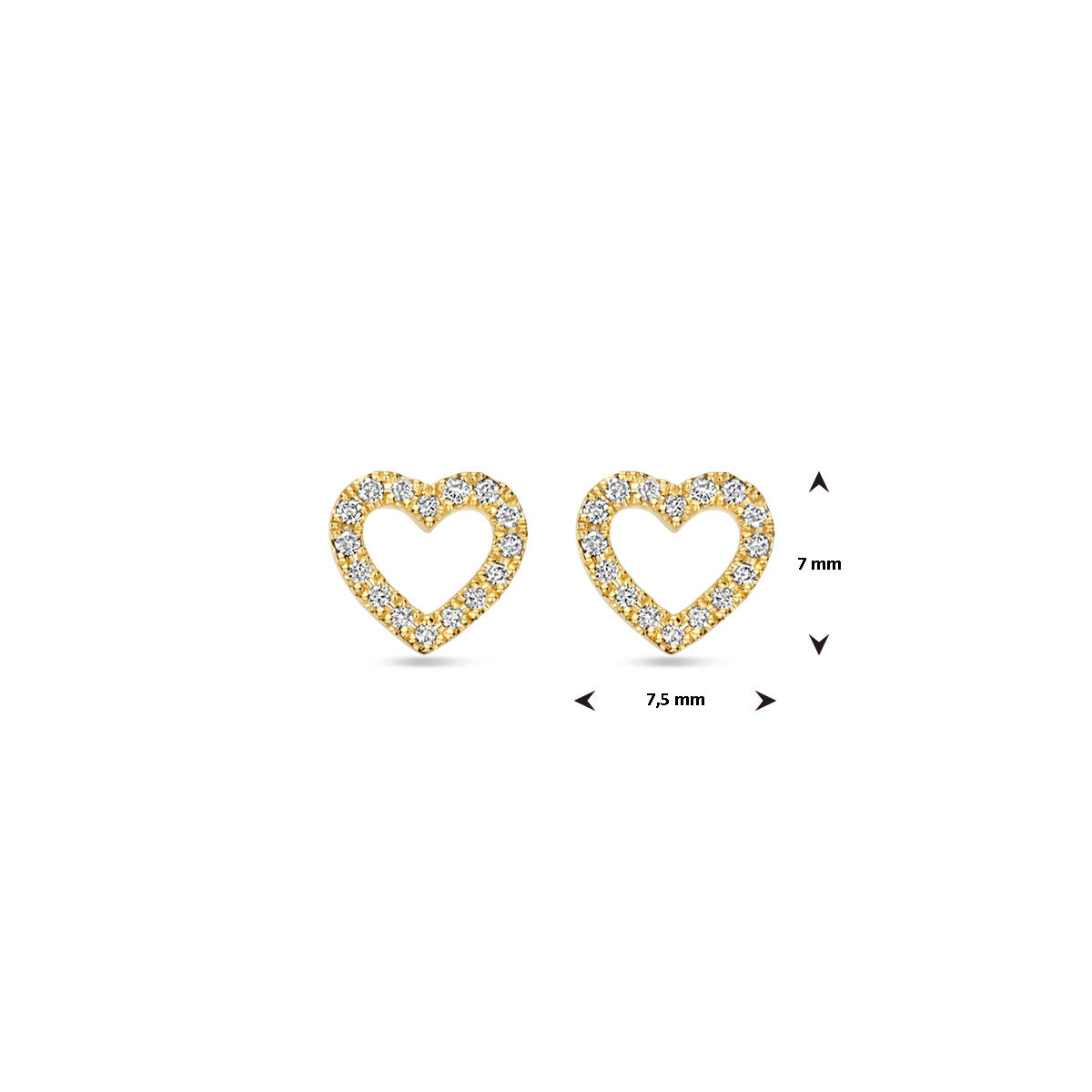 Afmetingen van de gouden hartje oorknopjes met diamant van 14 karaat: 7 mm hoog en 7,5 mm breed.