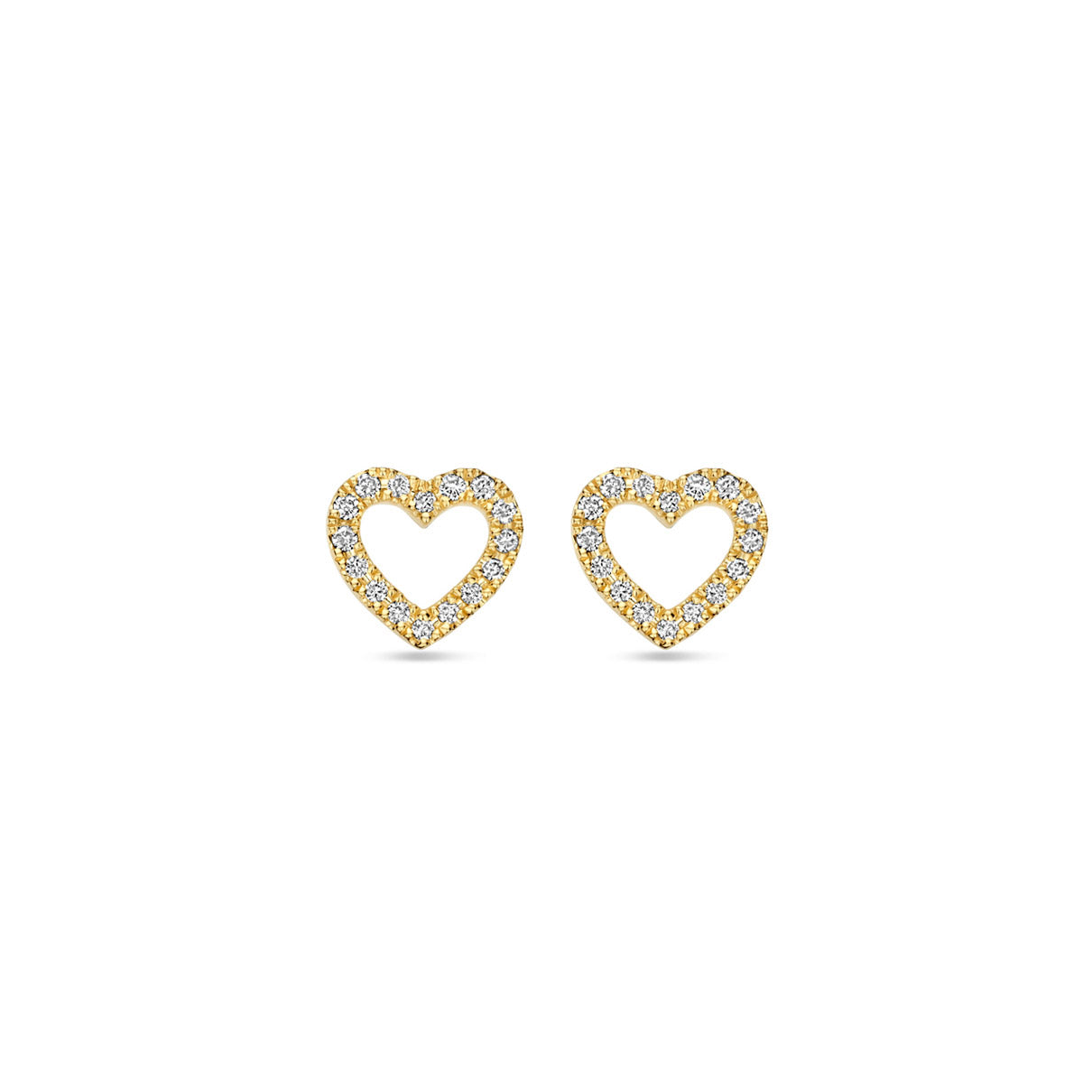 Vooraanzicht van de gouden hartje oorknopjes met diamant van 14 karaat.