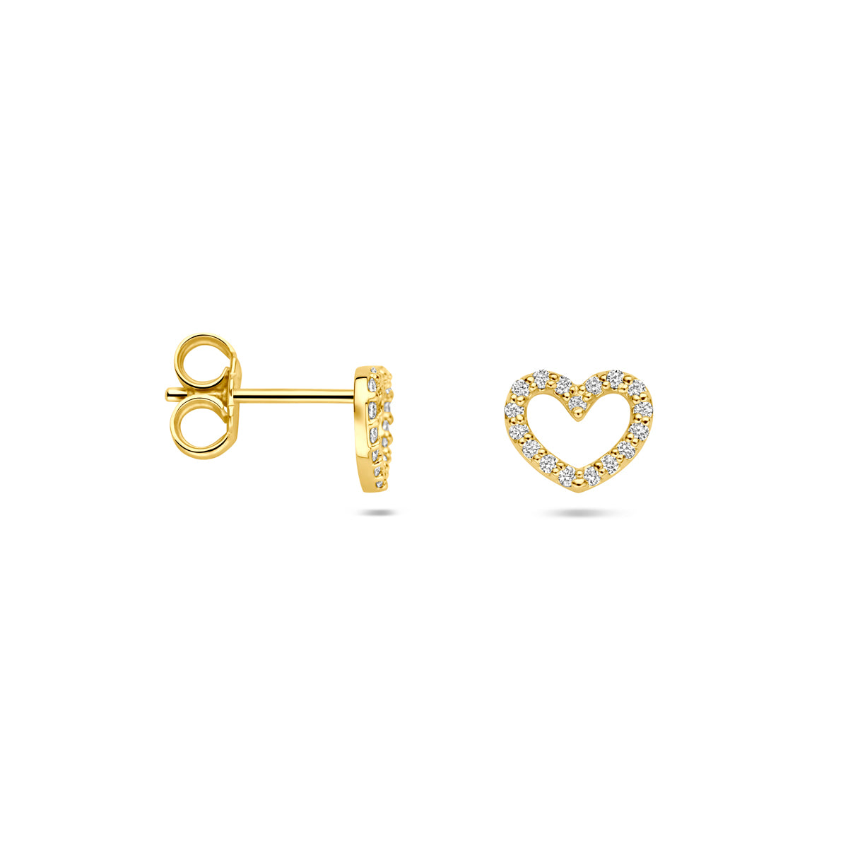 Voor- en zijaanzicht van de gouden hartje oorknopjes met lab grown diamant van 14 karaat.