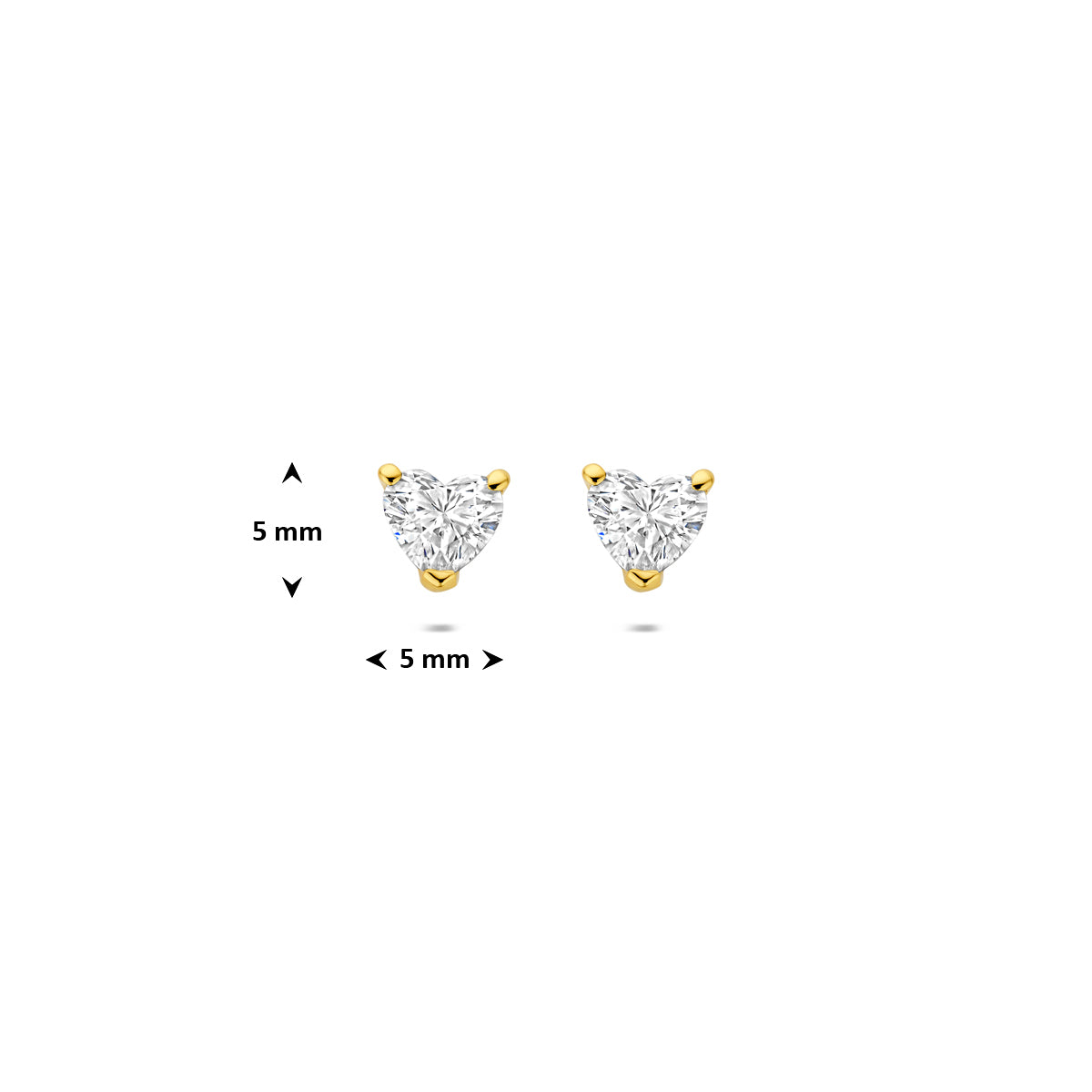 Afmetingen van de gouden hartje oorknopjes met lab grown diamant van 14 karaat: 5 x 5 mm.