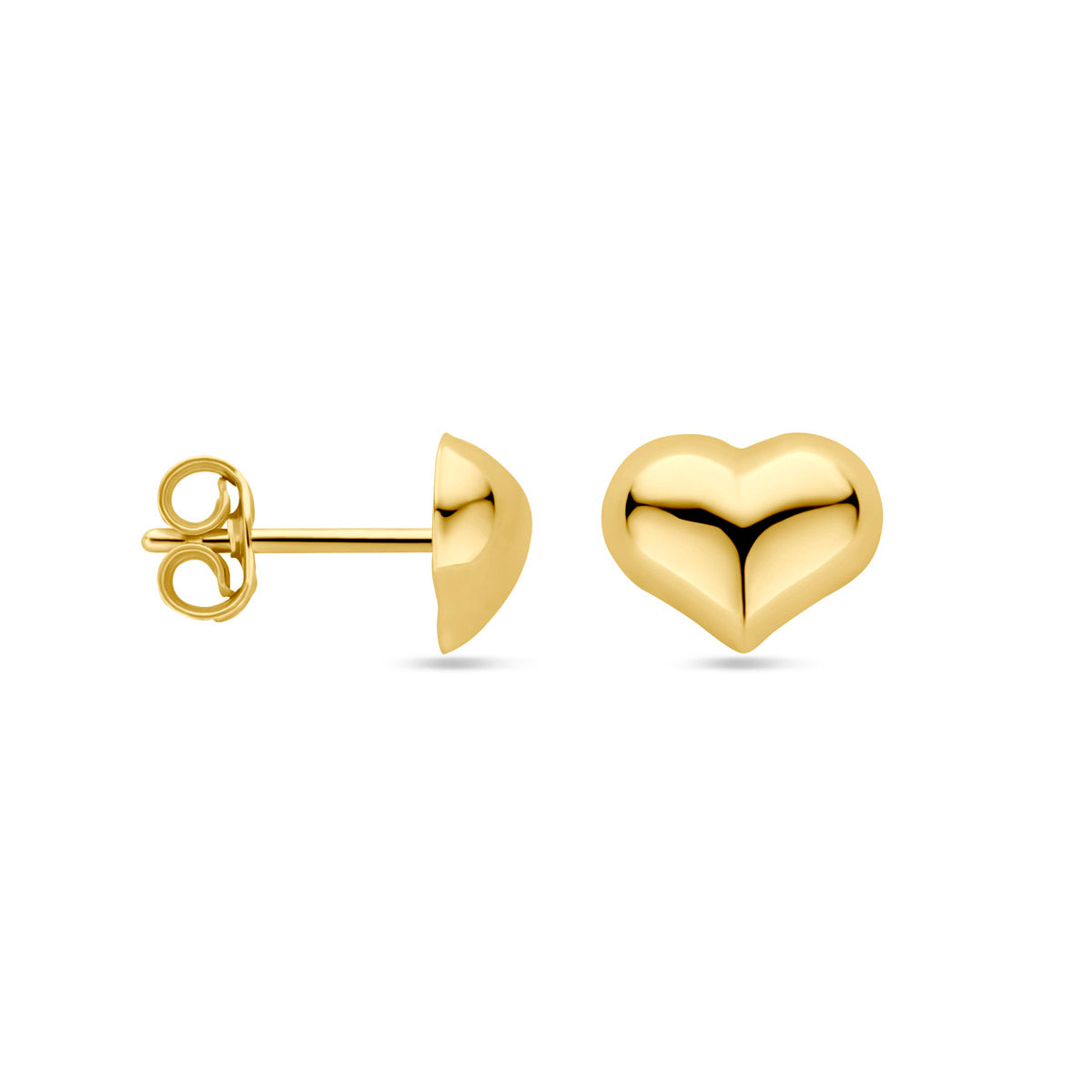 Voor- en zijaanzicht van de gouden hartje oorknopjes van 14 karaat.