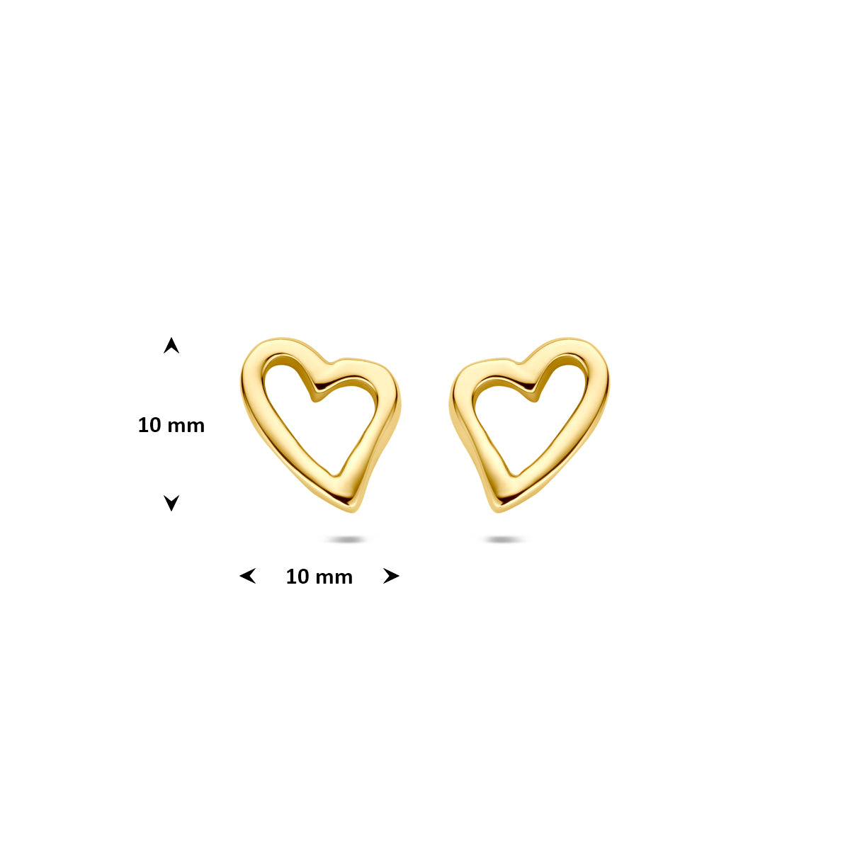 Afmetingen van de gouden hartjes oorknopjes van 14 karaat: 10 mm hoog en 10 mm breed.