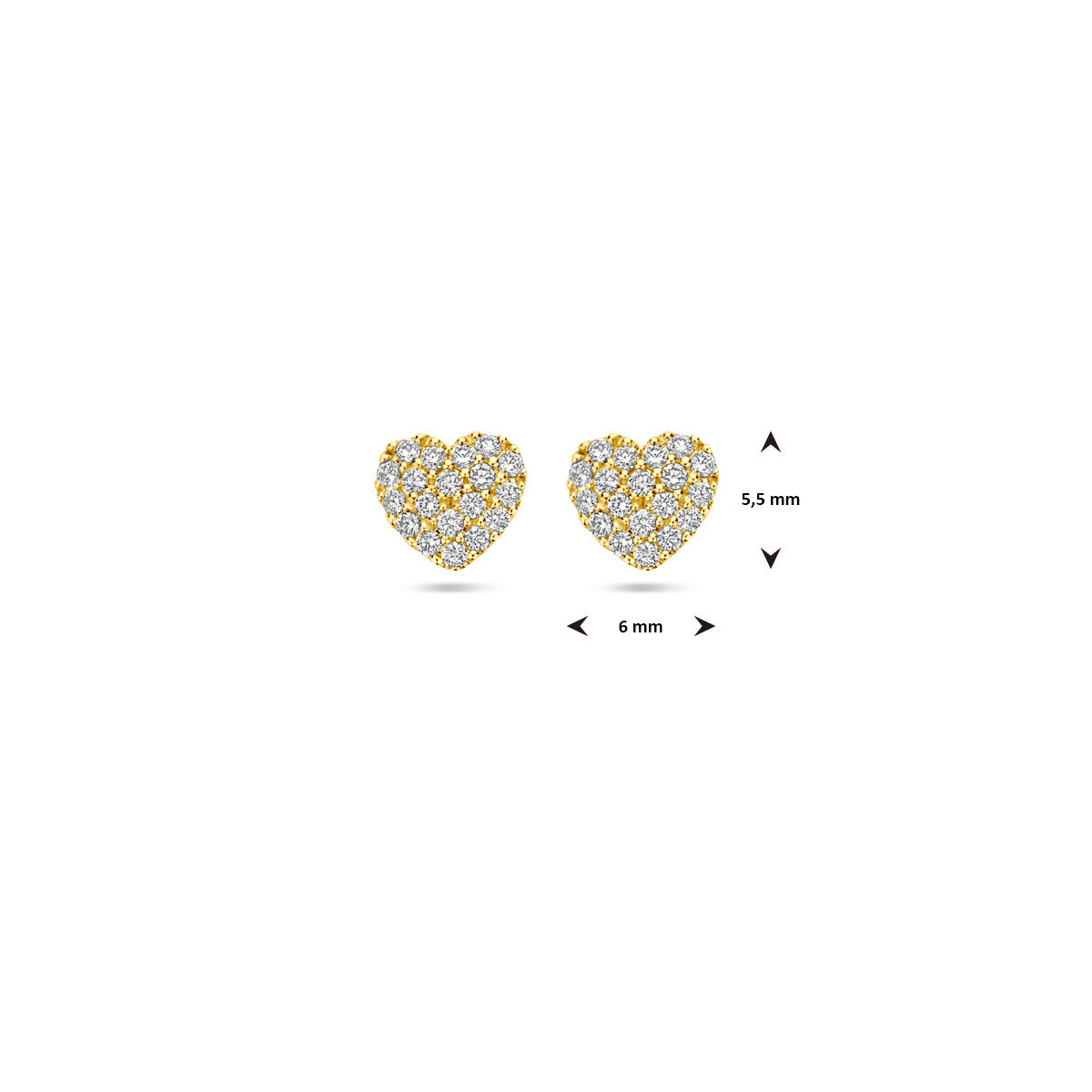 Afmetingen van de gouden hartjes oorknopjes met diamant van 14 karaat: 5,5 mm hoog en 6 mm breed.