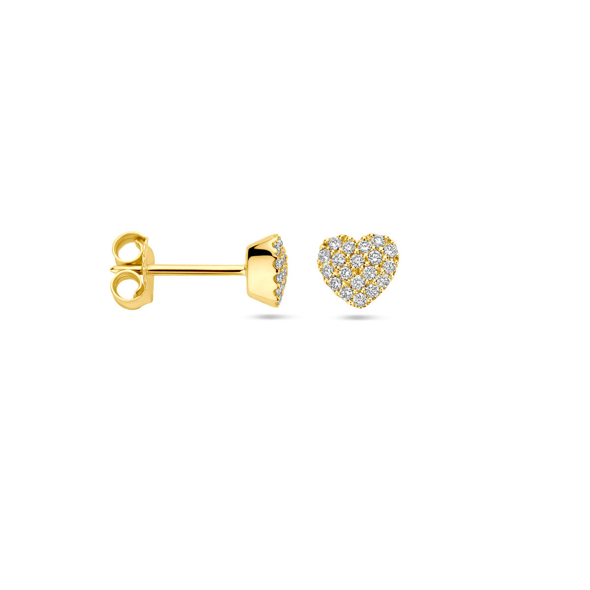 Voor- en zijaanzicht van de gouden hartjes oorknopjes met diamant van 14 karaat.