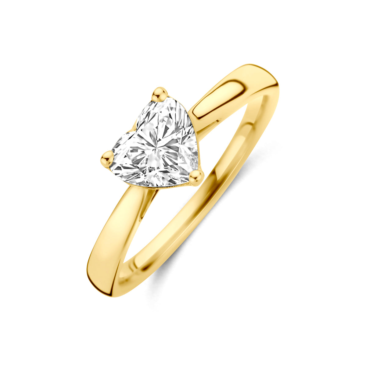 Schuin bovenaanzicht van de gouden hartjes ring met lab grown diamant van 14 karaat.