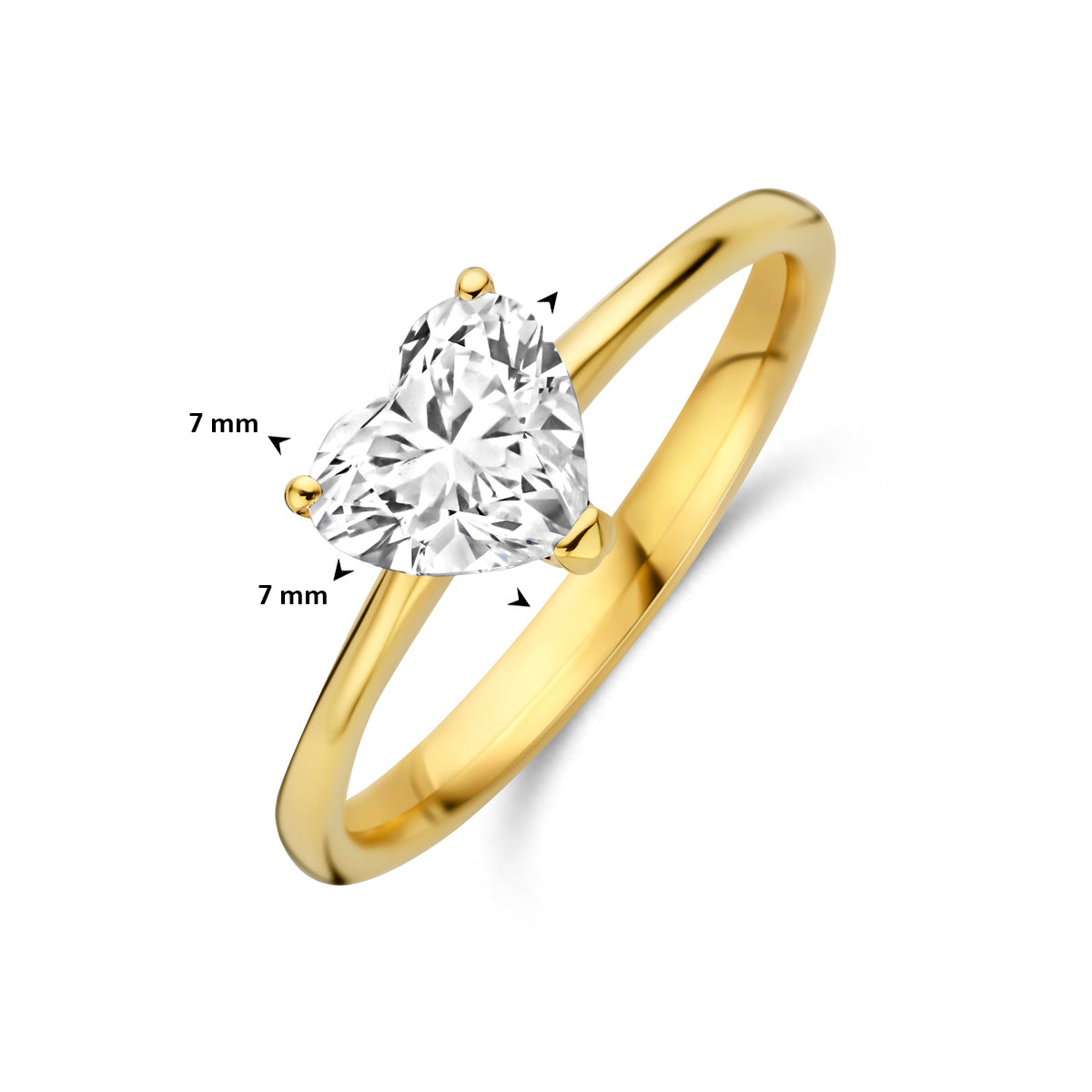 Afmetingen van de gouden hartjes ring met lab grown diamant van 14 karaat: 2 mm breed, hartje 7 x 7 mm, 1,00 ct.