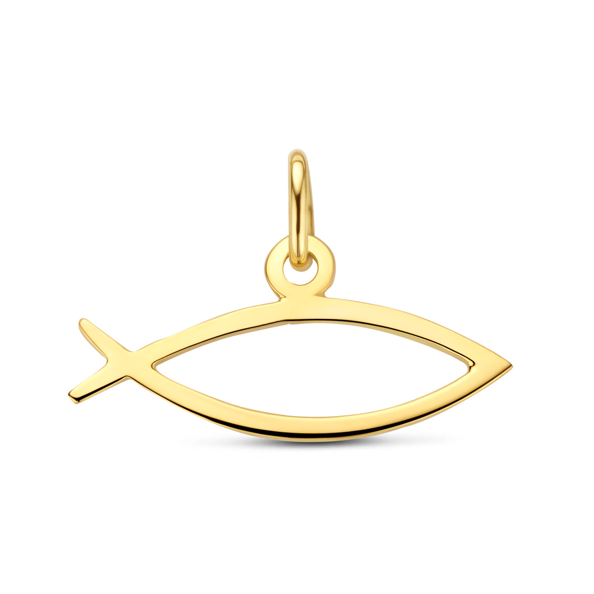 Vooraanzicht van de gouden ichthus vis hanger van 14 karaat.