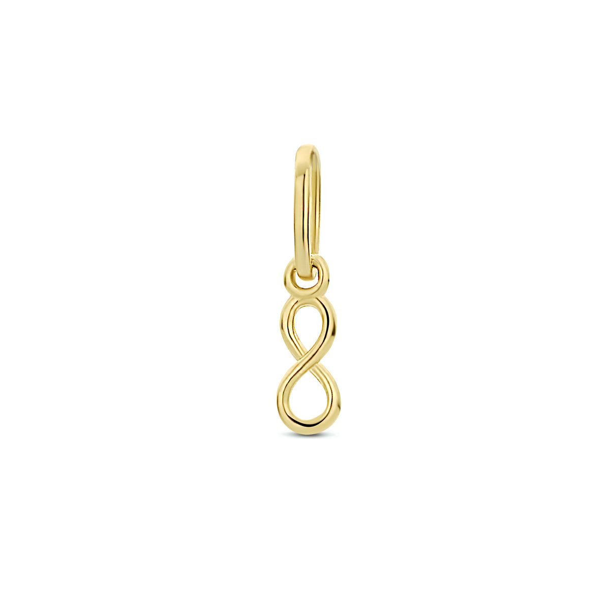 Vooraanzicht van de gouden infinity hanger van 14 karaat.