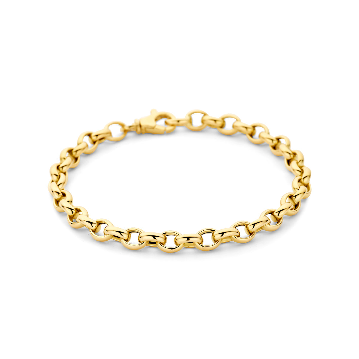 Vooraanzicht van de gouden jasseron armband van 14 karaat.