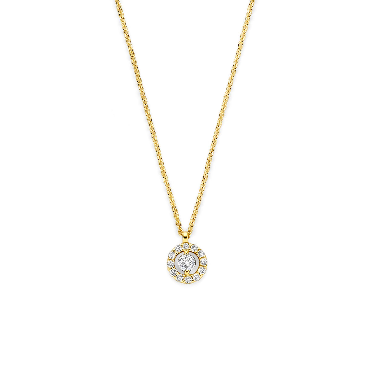 Vooraanzicht van de gouden ketting met diamant van 14 karaat.